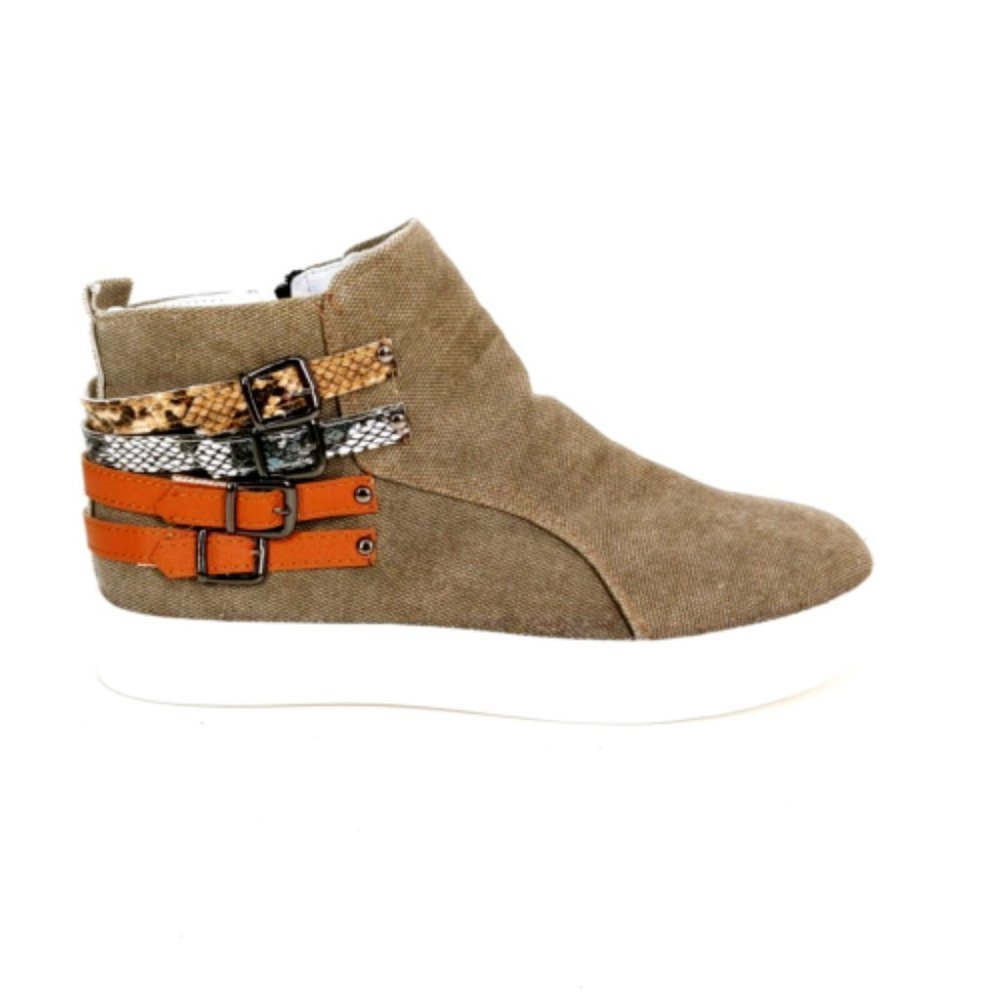 Yasirun‎ Womens Buckle Strap Accent Hi Top Sneakers Zip Camel EUR 42 New